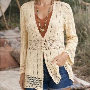 Nine West woman's crochet cardigan sweater in a linen blend fabric cream x small